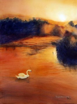 swan in red water Landscape Oil Paintings